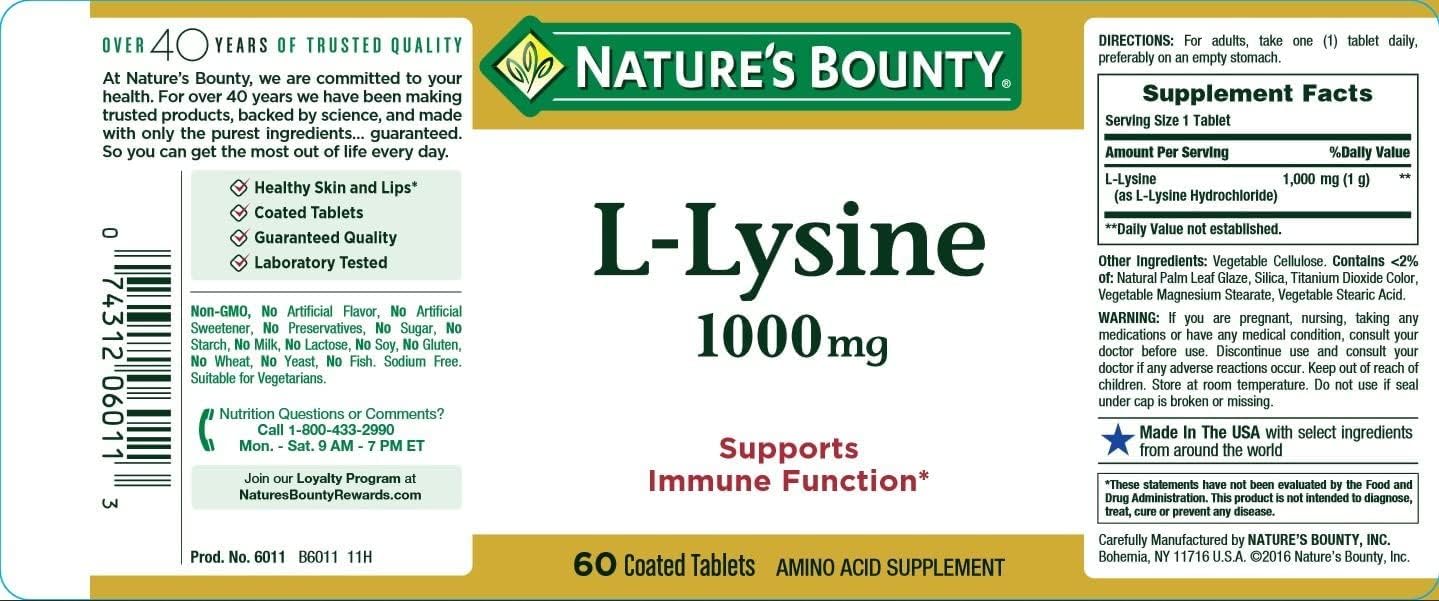 Nature's Bounty L-Lysine, design d'étiquette élégant, informations essentielles et dosage.