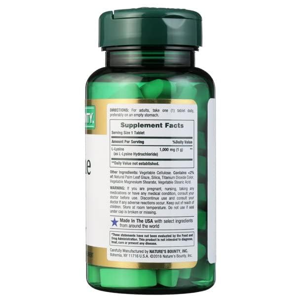 Nature's Bounty L-Lysine, emballage lot4, étiquette lisible pour le dosage.
