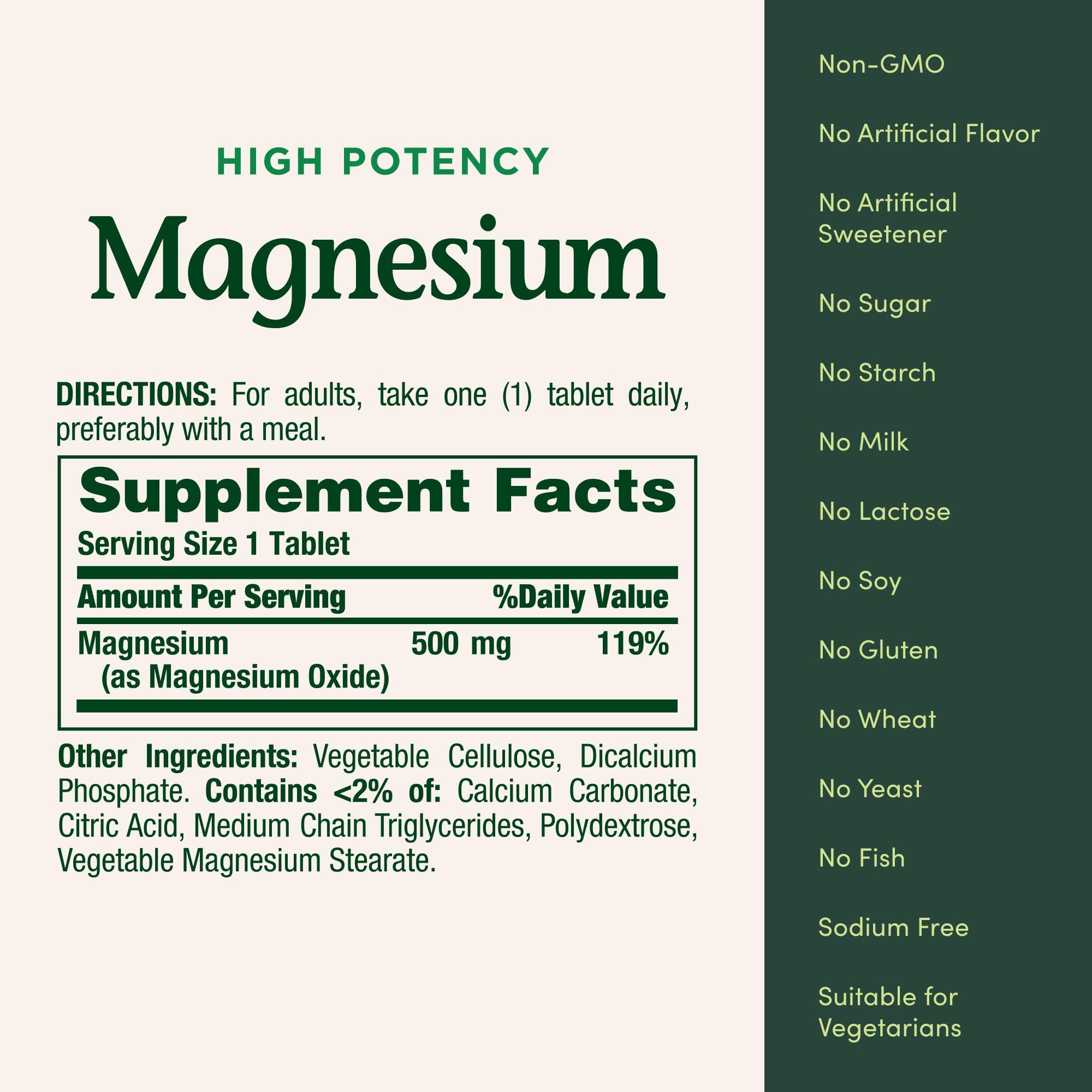 Nature's Bounty Magnésium, étiquette nutritionnelle claire pour suivre l apport quotidien.