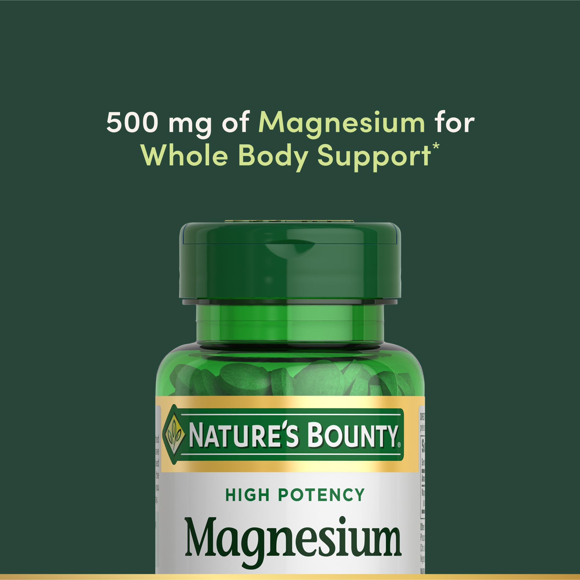 Nature's Bounty Magnésium, gros plan sur les comprimés enrobés, dosage 500 mg pour muscles et os.