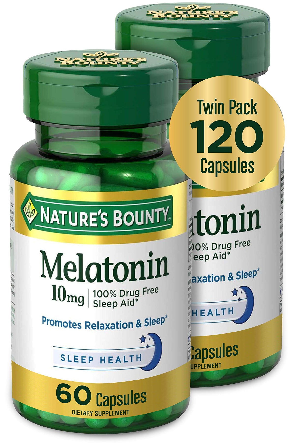 Nature's Bounty Mélatonine 10 mg, bouteille et capsules visibles, soutien potentiel au repos