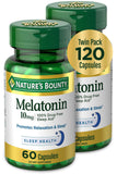 Nature's Bounty Mélatonine 10 mg, bouteille et capsules visibles, soutien potentiel au repos
