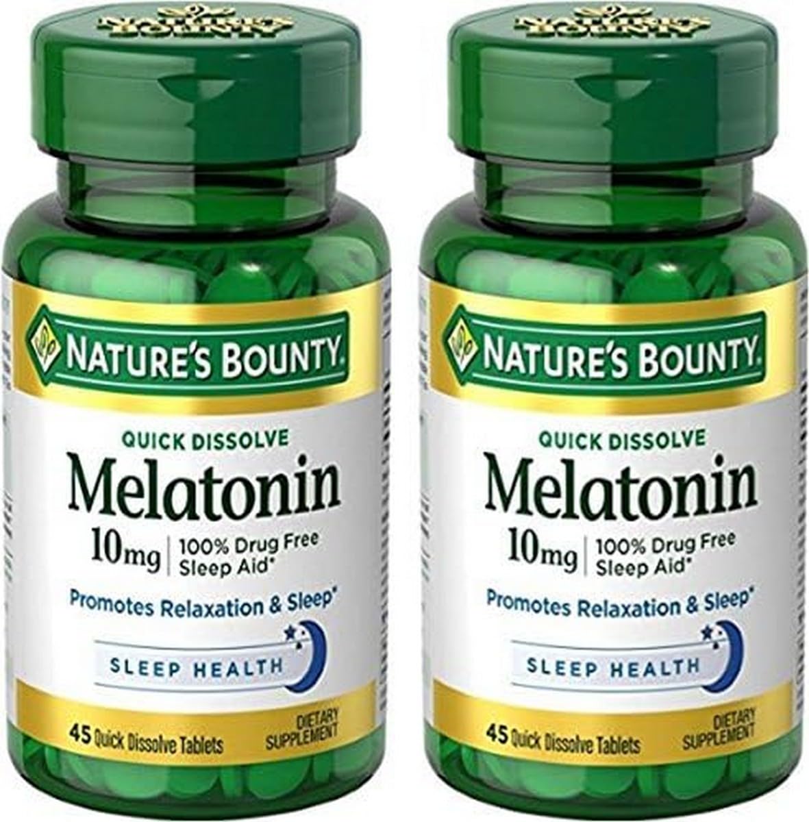 Nature's Bounty mélatonine dissolution rapide dans une bouteille, soutien potentiel à la détente nocturne.