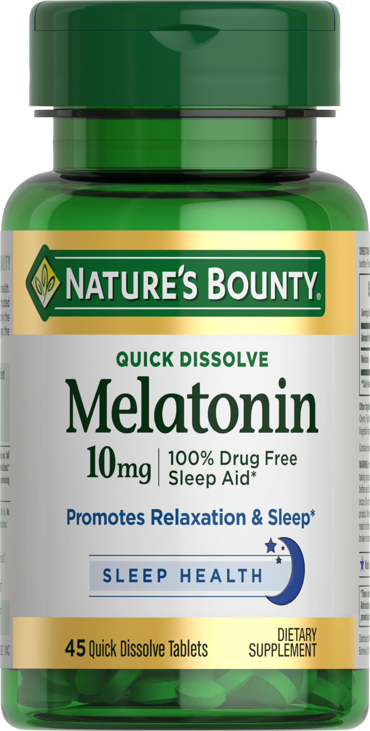 Nature's Bounty Mélatonine: comprimés dissolution rapide favorisant relaxation nocturne.