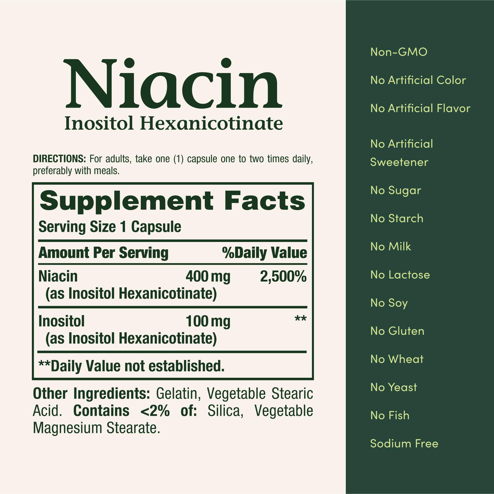Sans gluten et sans colorants artificiels dans Niacine Nature's Bounty 500 mg.