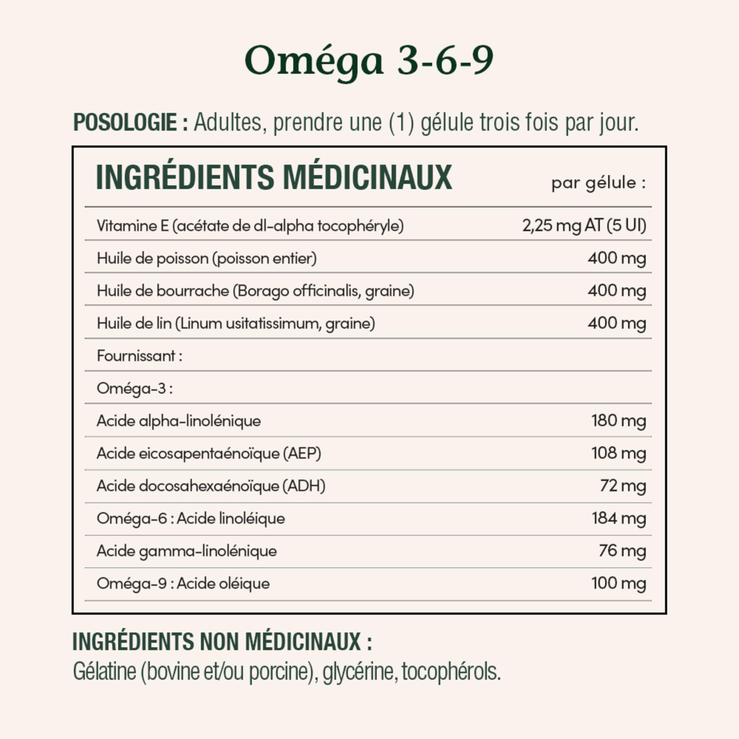 Nature's Bounty Omega-3-6-9 étiquette lisible montrant les sources naturelles.