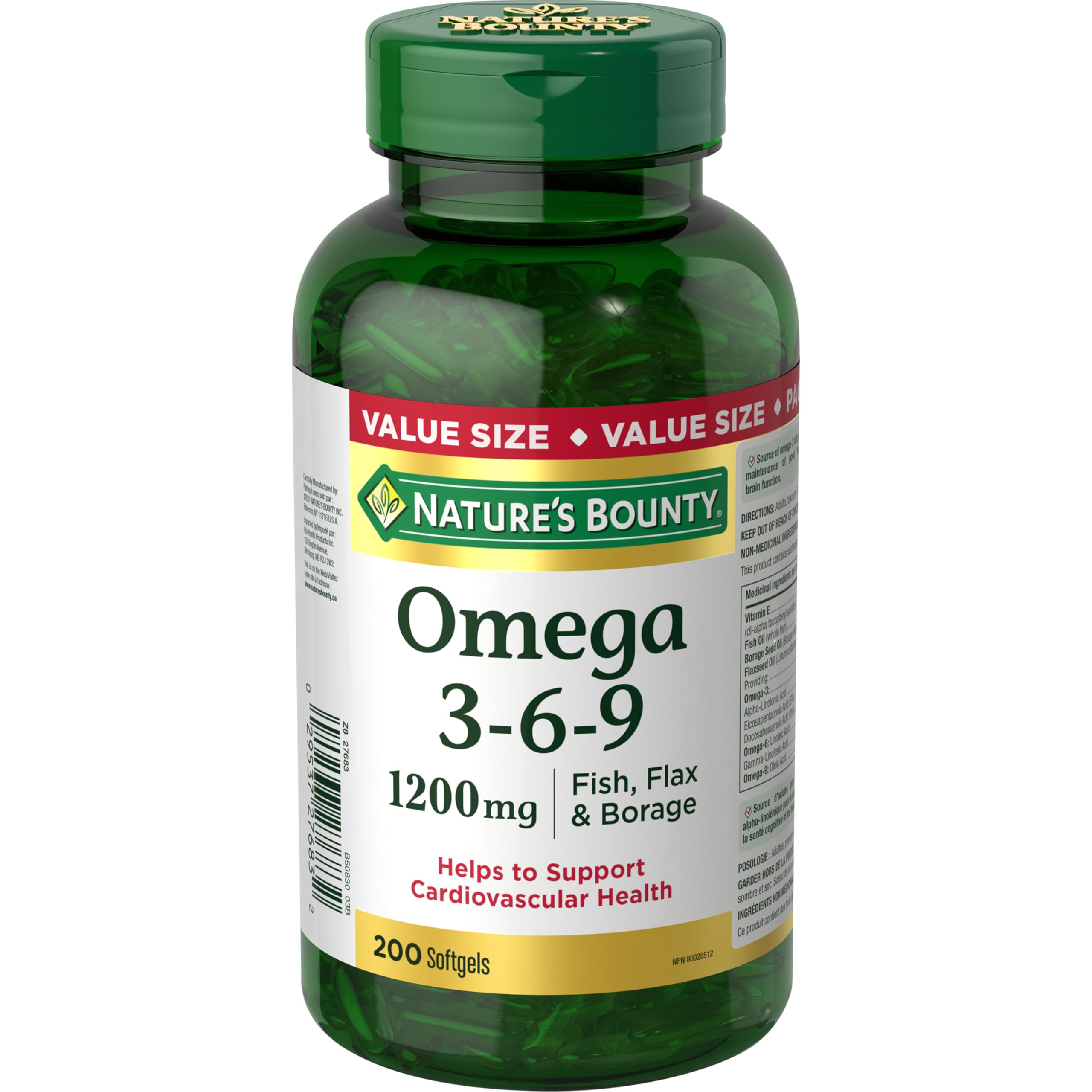 Nature's Bounty Omega-3-6-9 flacon devant, soutien potentiel à la santé cardiovasculaire.