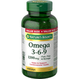 Nature's Bounty Omega-3-6-9 flacon devant, soutien potentiel à la santé cardiovasculaire.