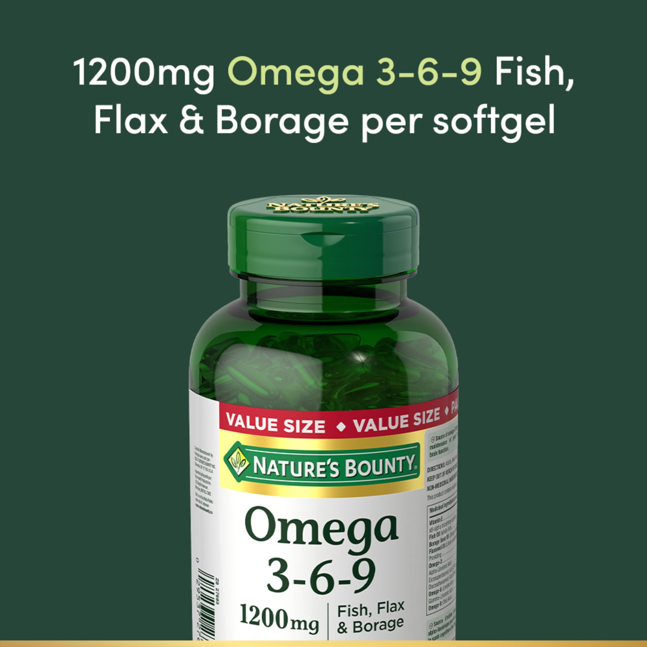 Nature's Bounty Omega-3-6-9 gélules translucides, texture douce.