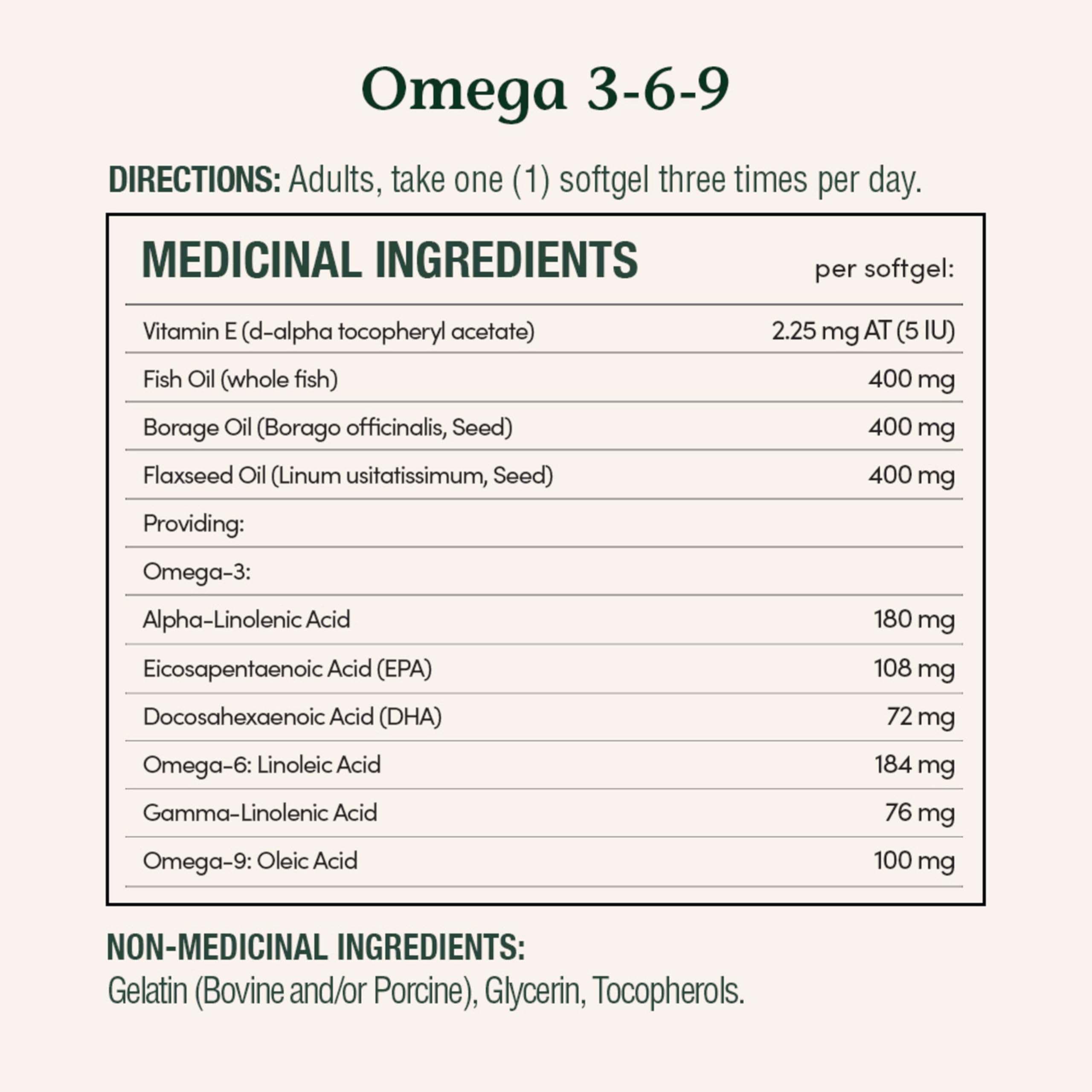 Nature's Bounty Omega-3-6-9 ingrédients clés: poisson, bourrache et lin.