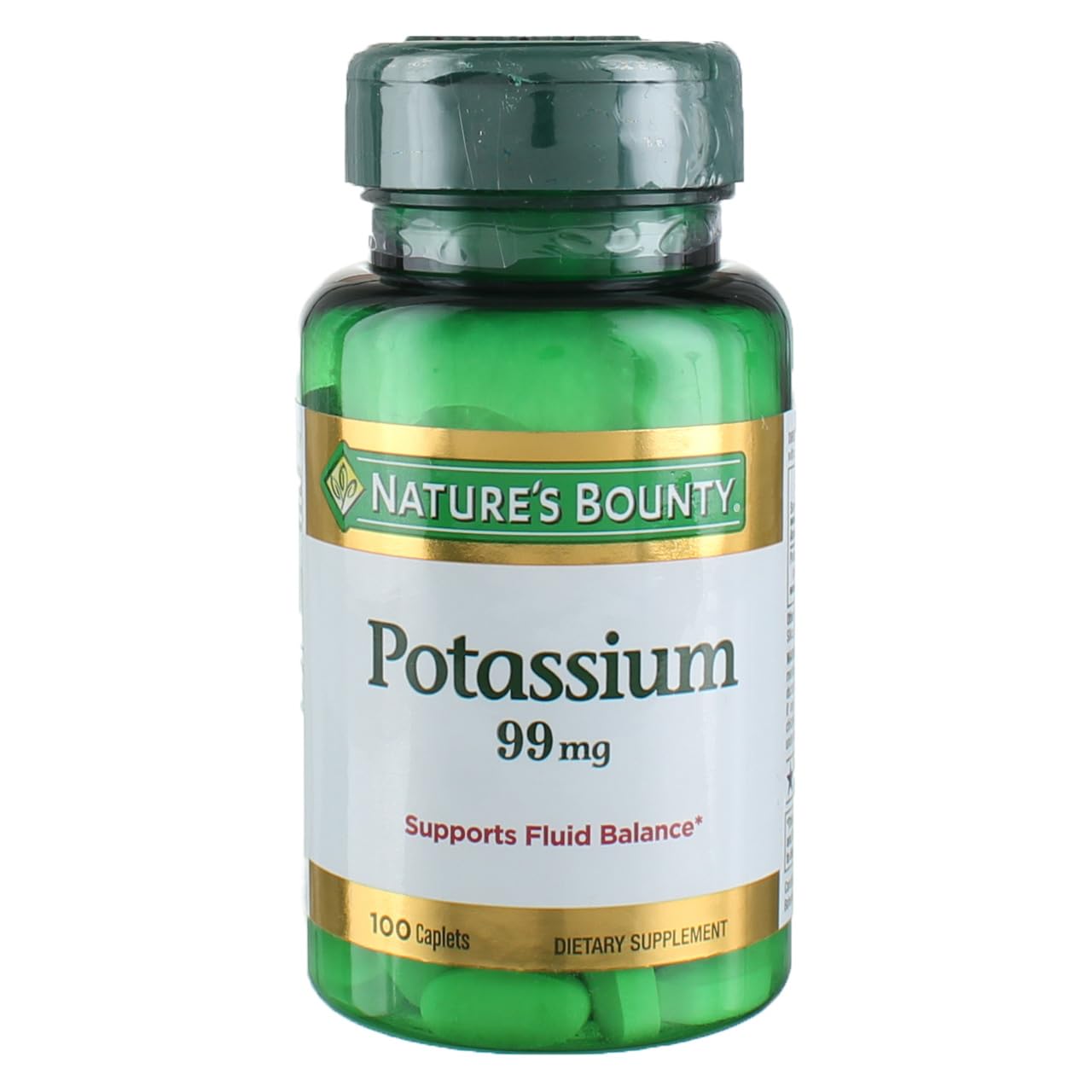 Nature's Bounty Potassium Gluconate 99 mg — bouteille montrée, peut soutenir l'équilibre hydrique quotidien.