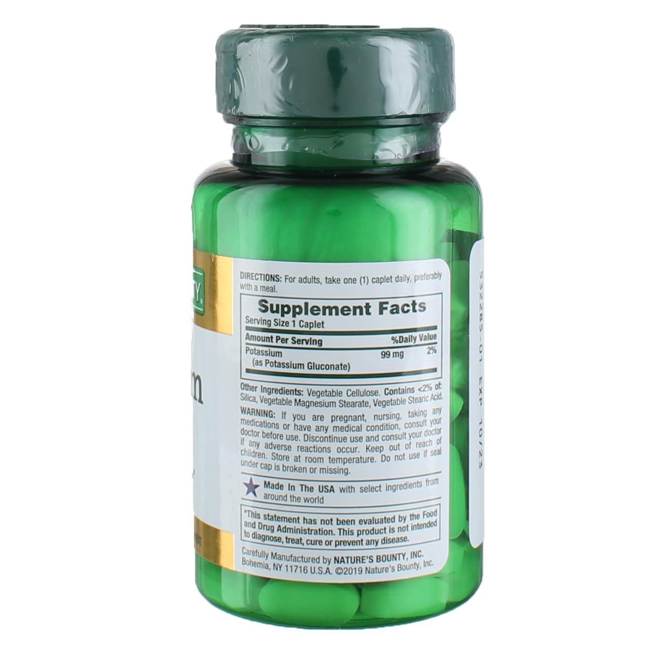 Nature's Bounty Potassium Gluconate 99 mg — emballage visible, utile pour une routine hydratante.