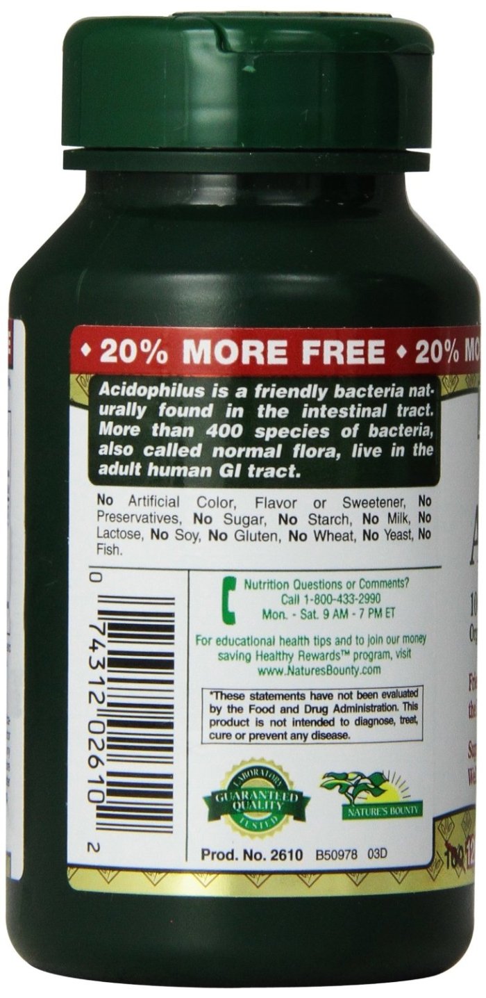Nature's Bounty Probiotic Acidophilus comprimés, paquet, équilibre intestinal au quotidien.