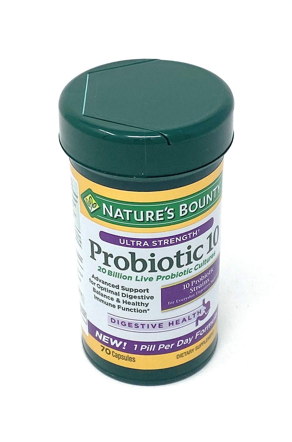 Nature's Bounty Probiotique 10 — bouteille affichant 20 milliards de cultures vivantes pour le soutien digestif
