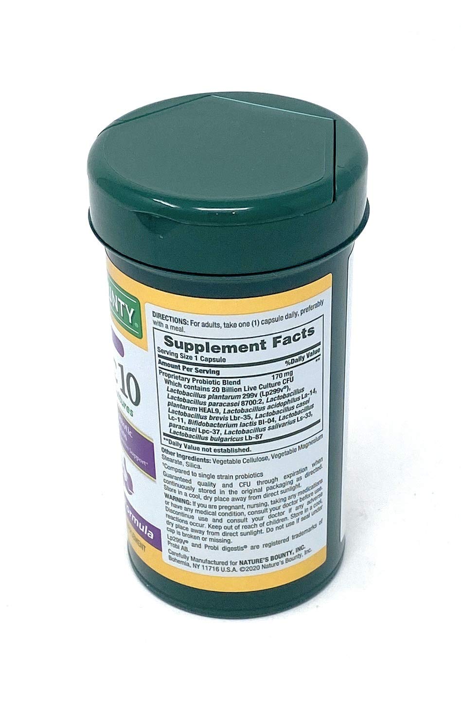 Nature's Bounty Probiotique 10 — étiquette lisible montrant les 10 souches probiotiques