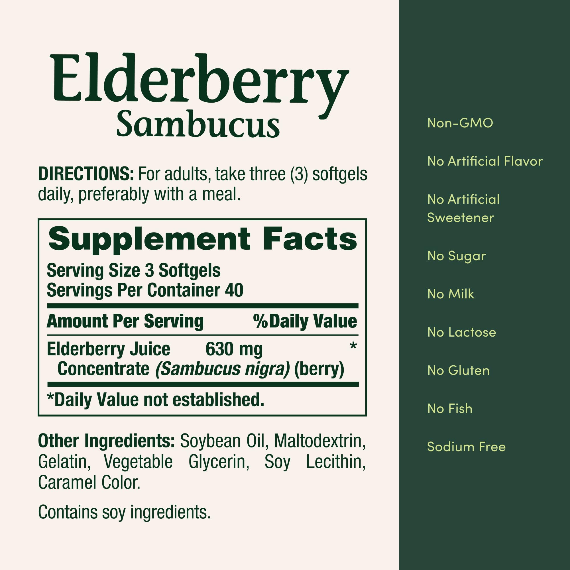 Nature's Bounty Sambucus Elderberry, dosage recommandé: trois gélules par jour.