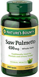 Nature's Bounty Saw Palmetto gélules 450 mg, étiquette: usage traditionnel et conseils.