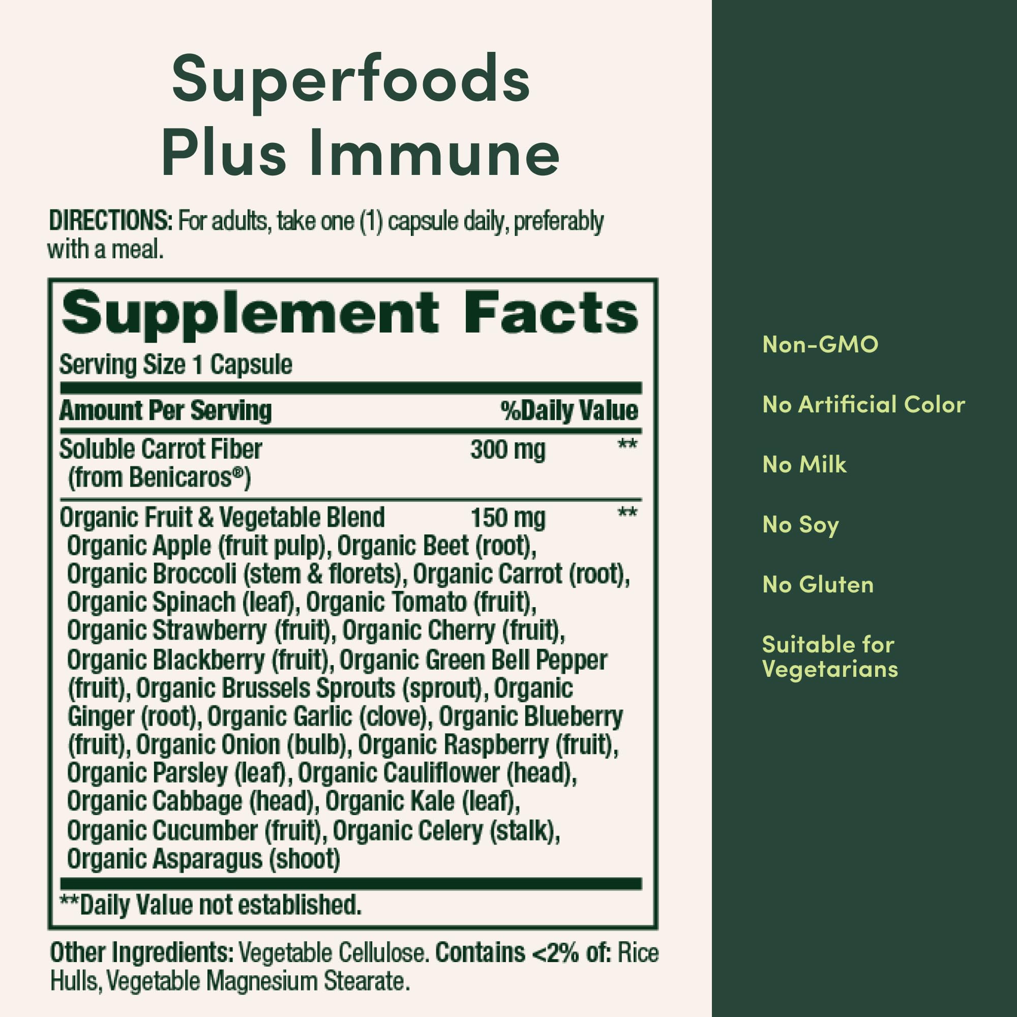 Nature’s Bounty Superfoods Plus Immune – Tableau des ingrédients: 23 fruits et légumes.