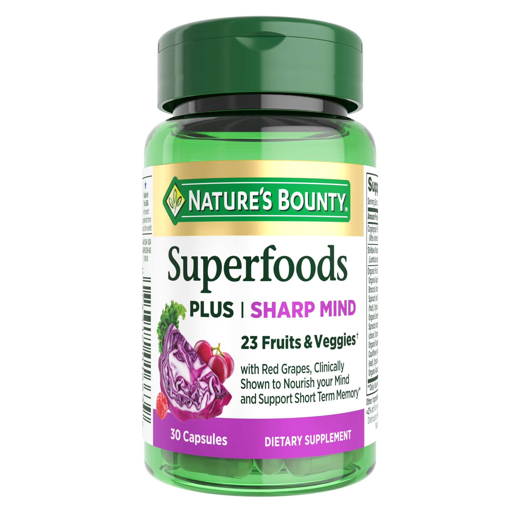 Nature's Bounty Superfoods Plus Sharp Mind en bouteille, soutien potentiel à la concentration.