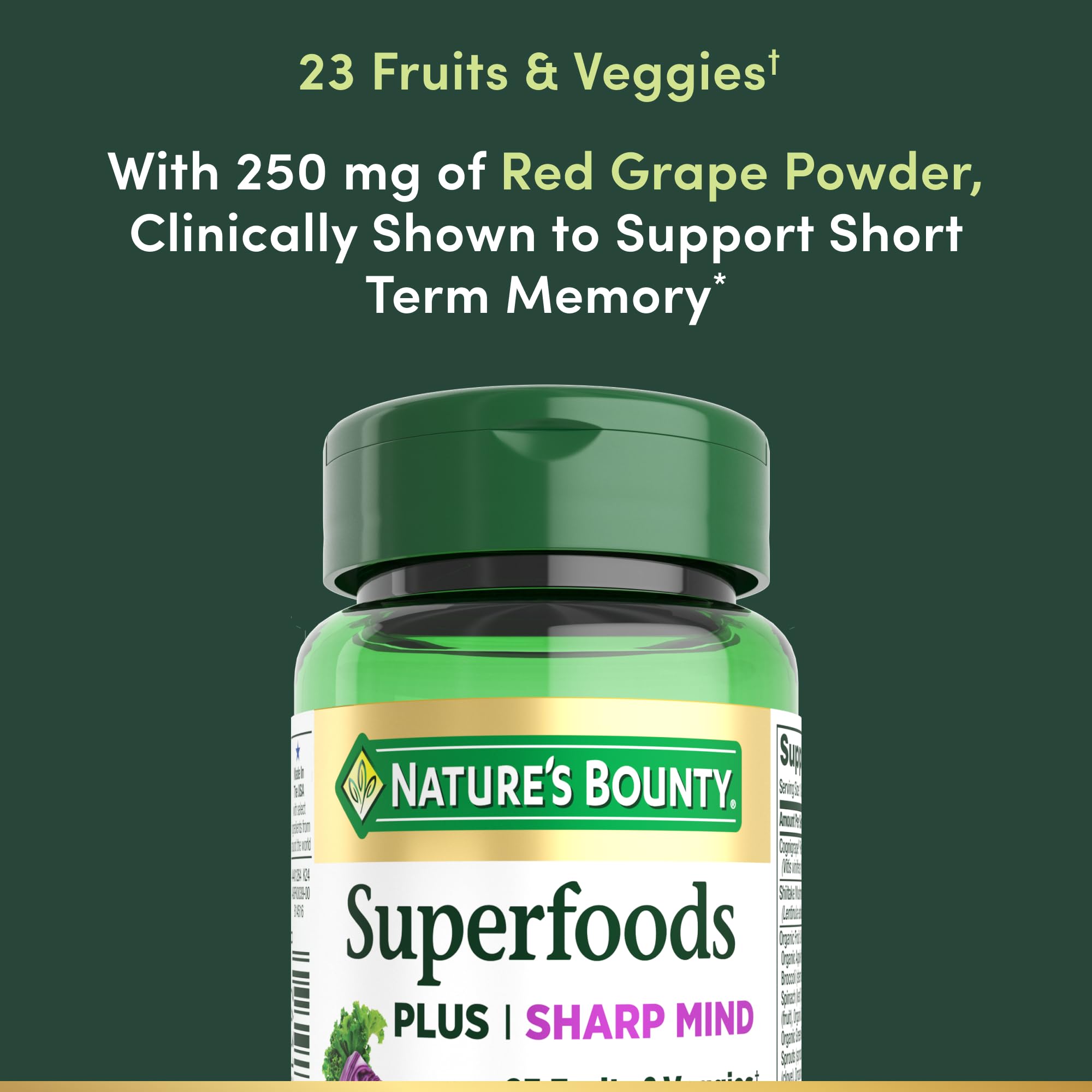 Étiquette du produit Nature's Bounty Superfoods Plus Sharp Mind avec informations claires.
