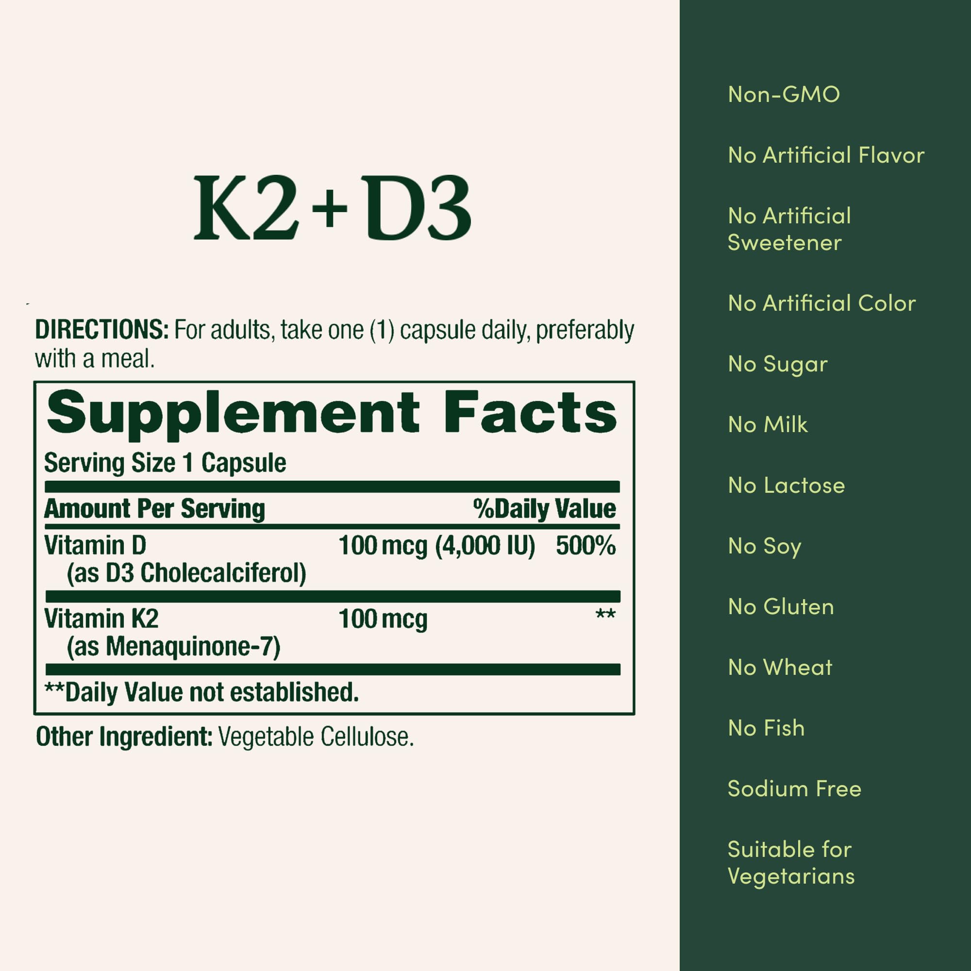 Nature’s Bounty D3 K2 — usage quotidien possible, soutien potentiel.
