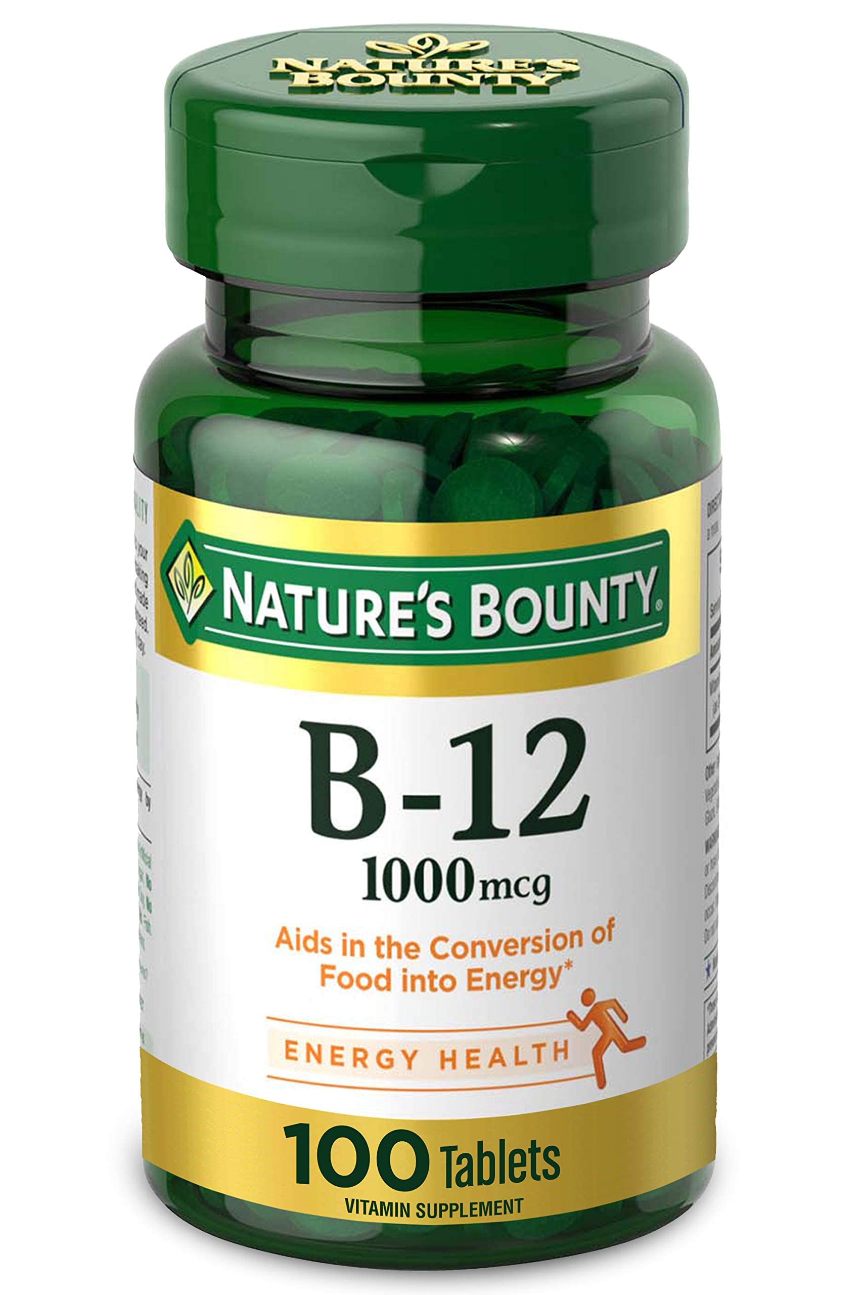 Vitamine B12 Nature's Bounty – bouteille montrant la dose et le soutien potentiel au métabolisme.