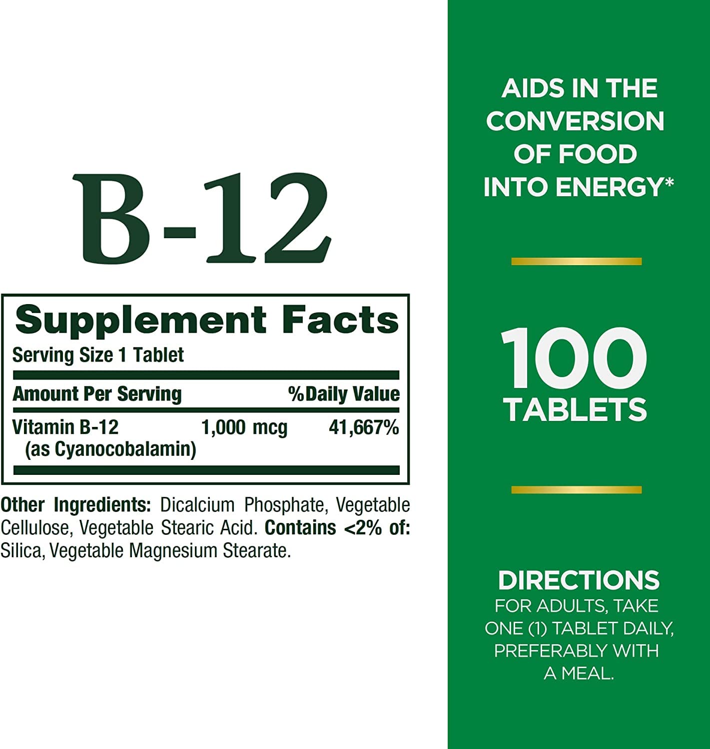 Nature's Bounty Vitamine B-12 1000 mcg, étiquette claire et fiable.