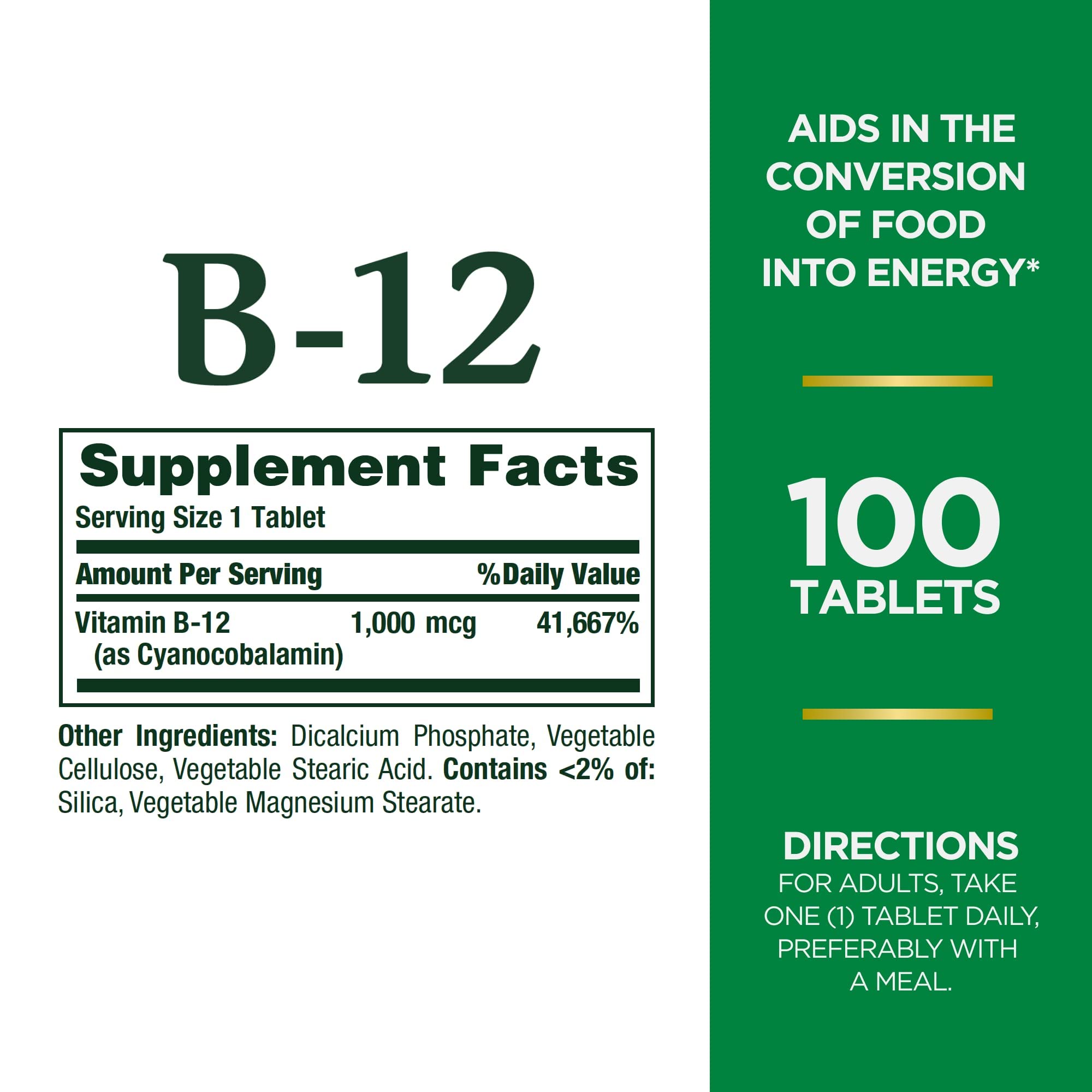 Vitamine B12 Nature's Bounty – étiquette indiquant posologie et bénéfice possible pour l'énergie.