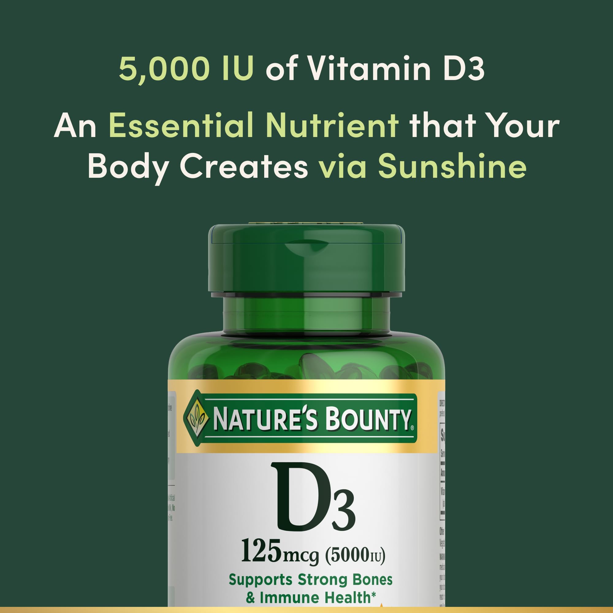 Nature's Bounty Vitamine D3 5000 UI: améliore l’absorption du calcium pour des os solides.