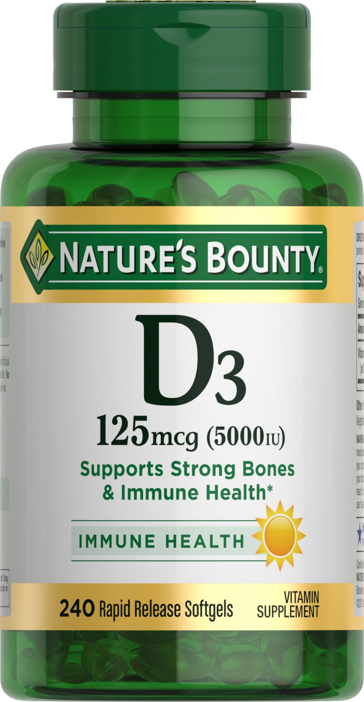 Nature's Bounty Vitamine D3 5000 UI: bouteille à libération rapide pour soutien quotidien.