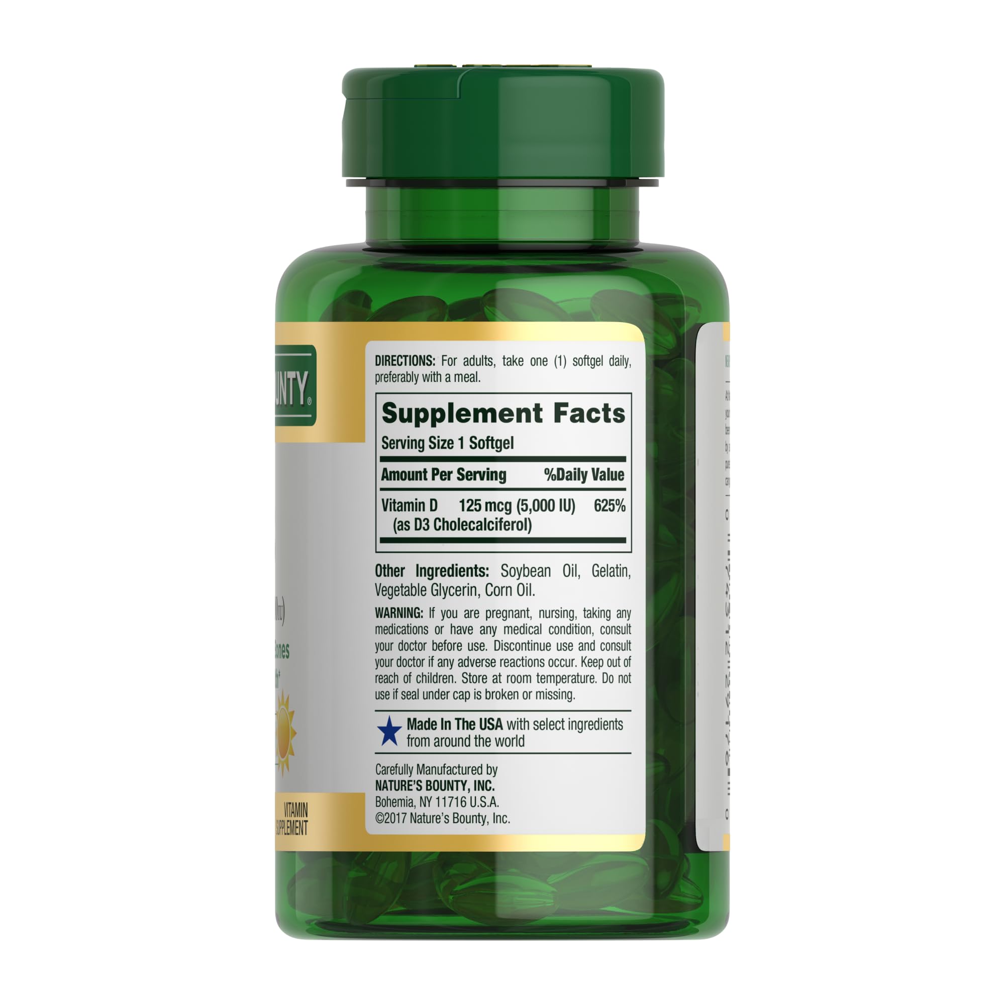 Nature's Bounty Vitamine D3 5000 UI: apport quotidien pratique.