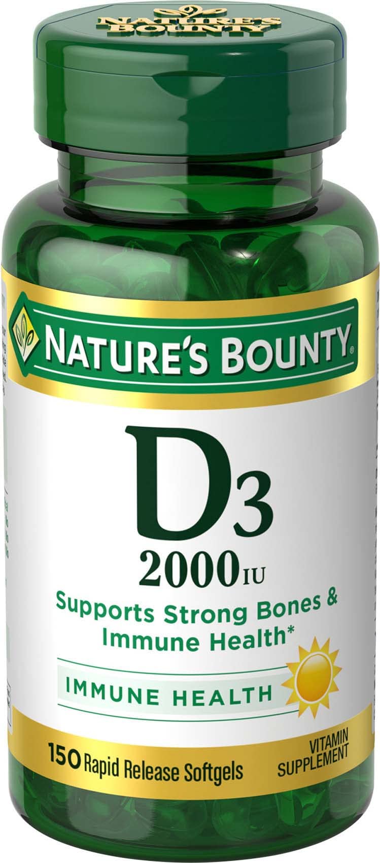 Nature's Bounty Vitamine D3, bouteille 2000UI, soutien potentiel à l'immunité et à la santé des os.