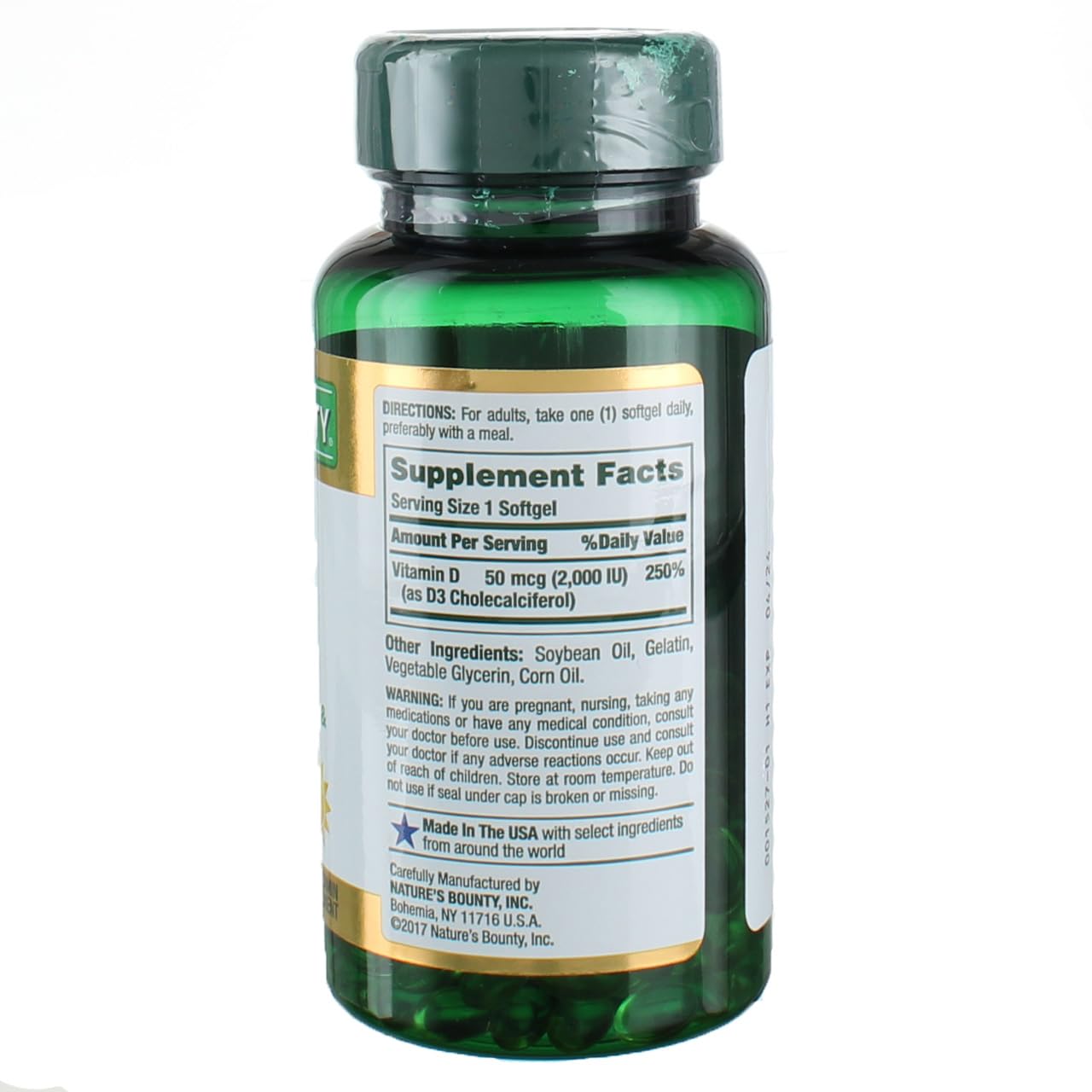 Nature's Bounty Vitamine D3 – bouteille ouverte, accès rapide à la routine.