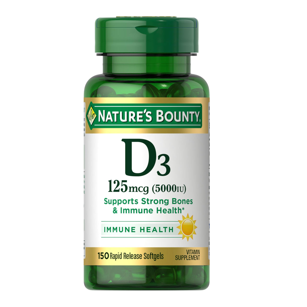 Nature's Bounty Vitamine D3: bouteille montrant la dose quotidienne et le soutien immunitaire.