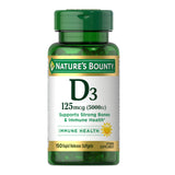 Nature's Bounty Vitamine D3: bouteille montrant la dose quotidienne et le soutien immunitaire.