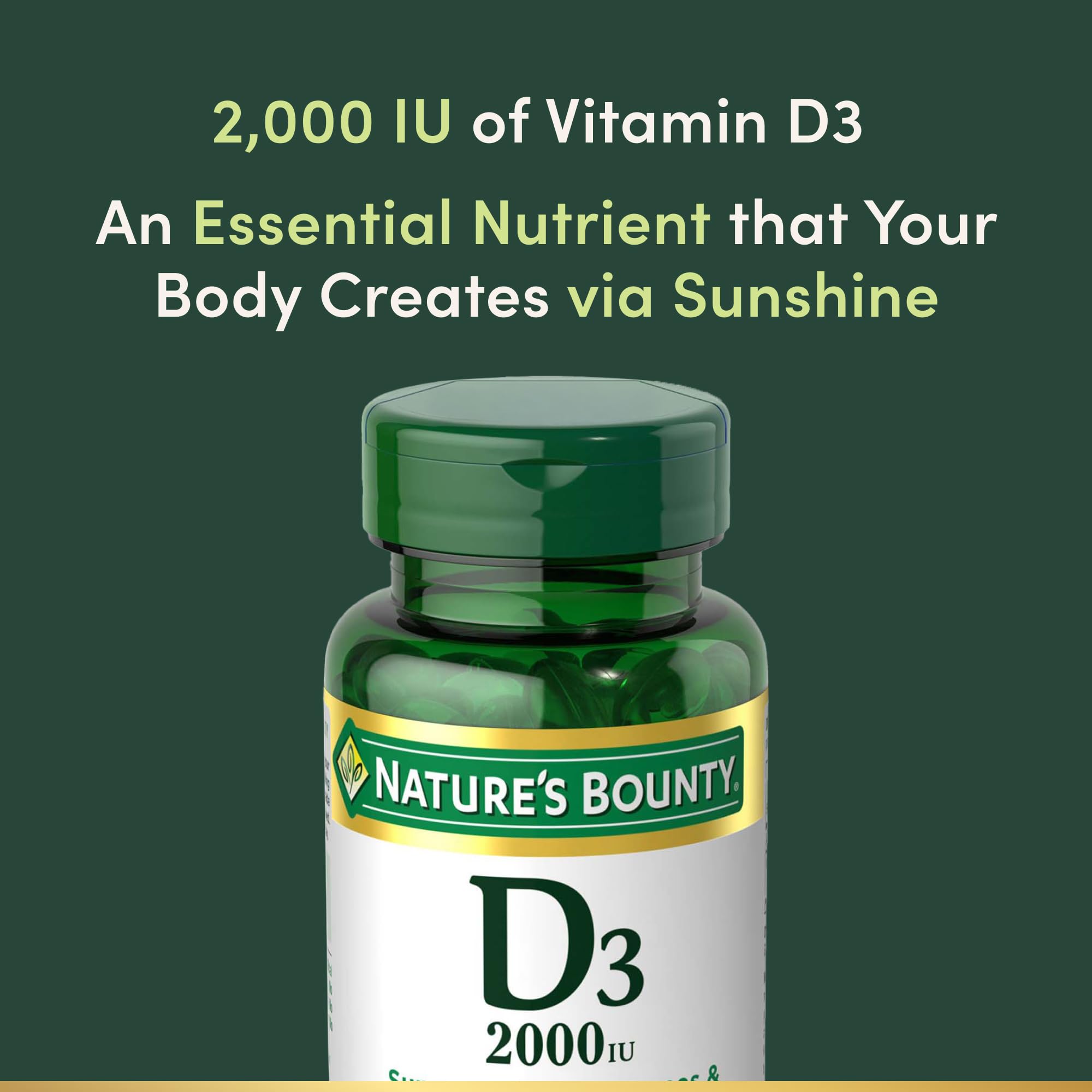 Nature's Bounty Vitamine D3, capsules souples, usage journalier facile.