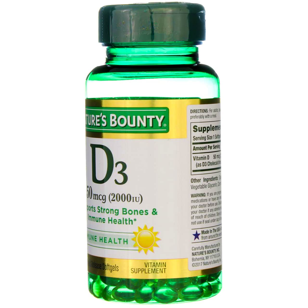 Nature's Bounty Vitamine D3 – emballage doublé, présentation attrayante et pratique.