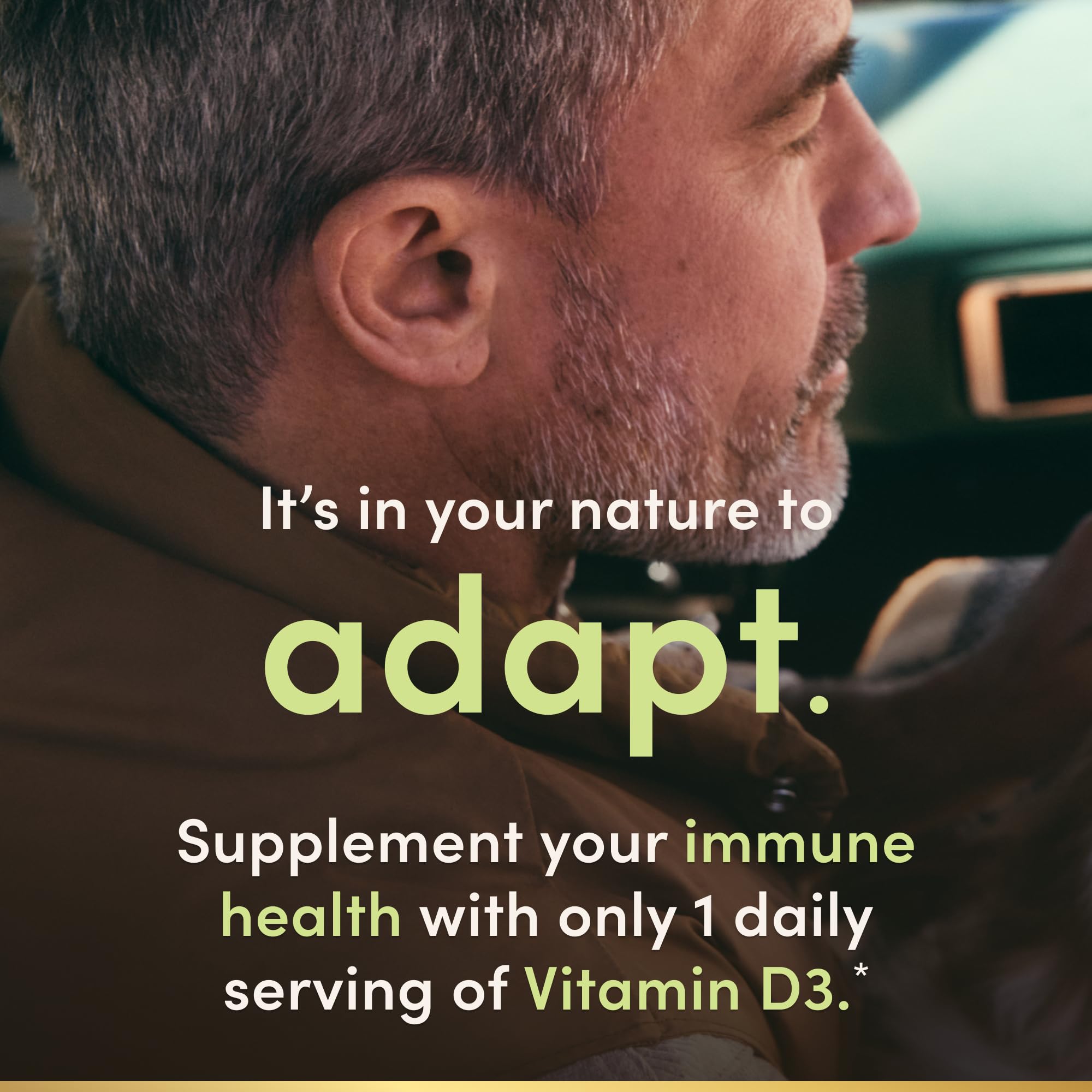 Nature's Bounty Vitamine D3, emballage sans OGM, gluten et sucres ajoutés.