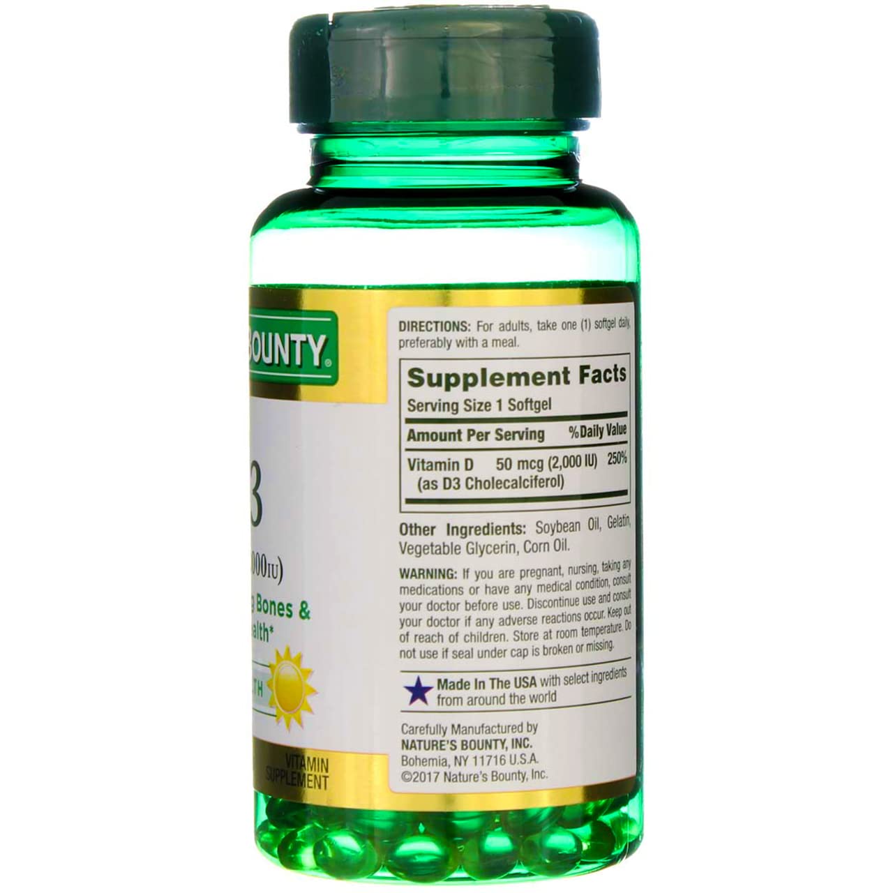 Nature's Bounty Vitamine D3 – prise quotidienne possible avec les repas.