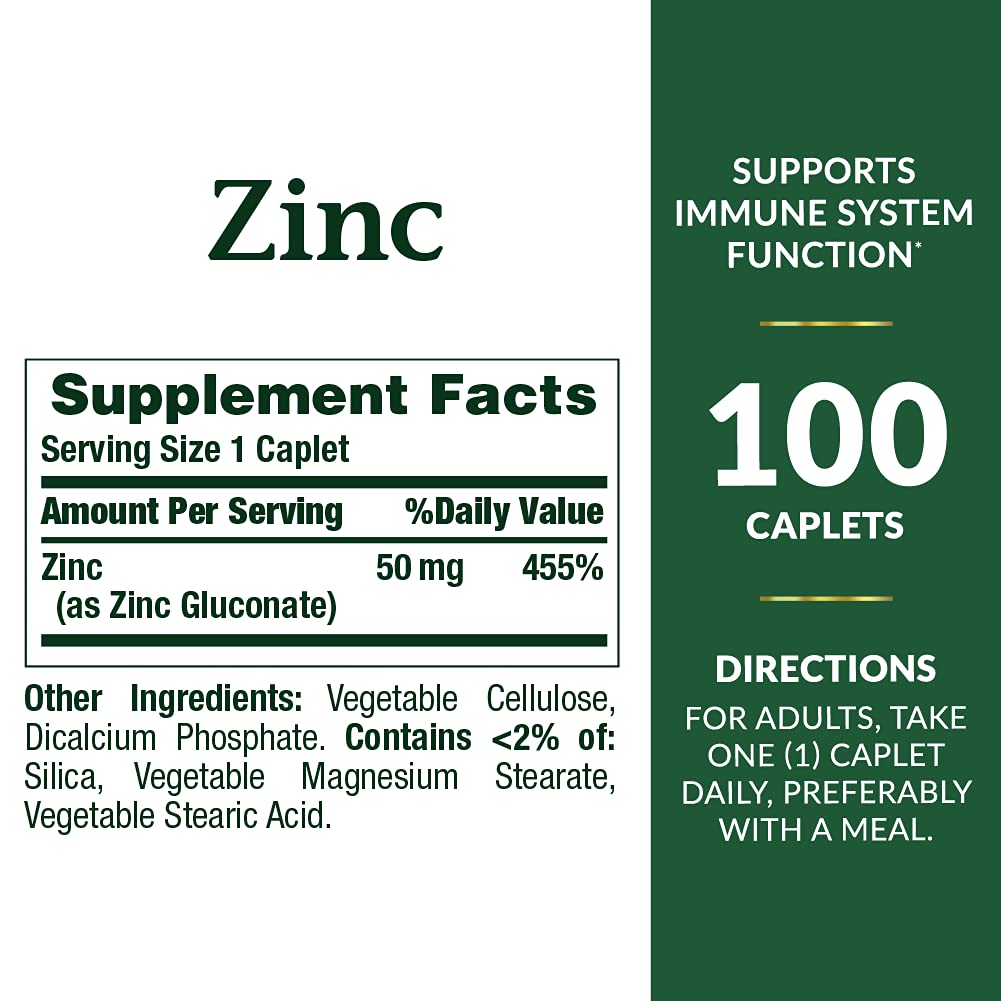 Nature's Bounty zinc 50 mg – etiquette claire et informations sur les fonctions cellulaires