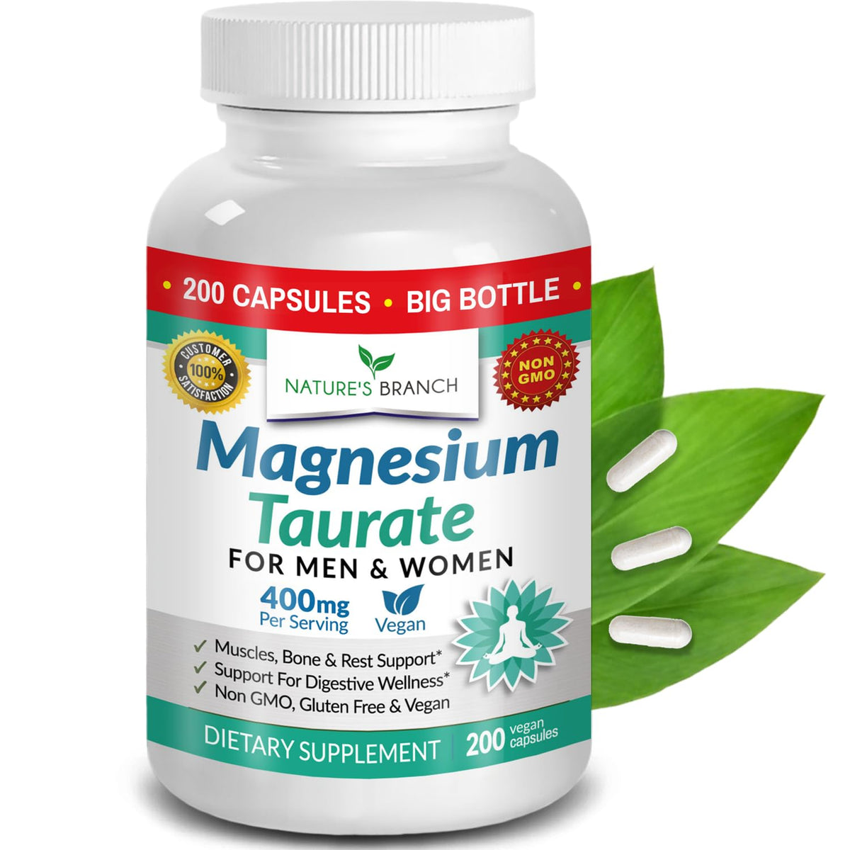NATURE'S BRANCH Magnesium Taurate 400 mg – bottleellage pour absorption efficace.