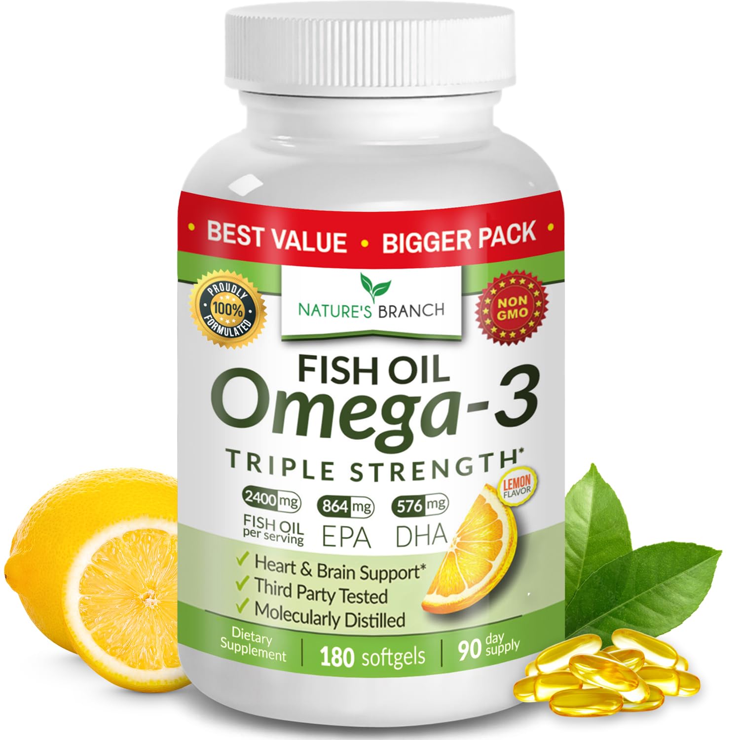 Nature's Branch Omega-3 Triple-Force dans la bouteille, apport concentré pour cœur et vision.