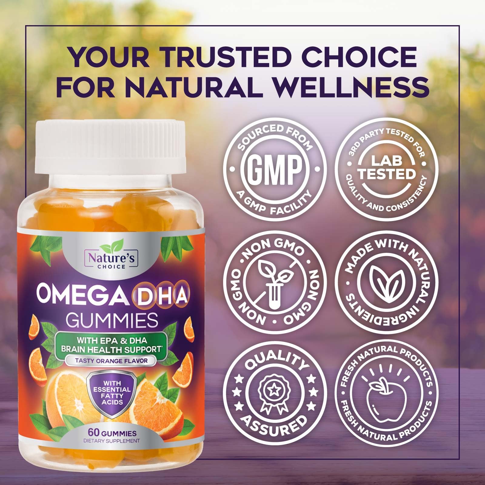 Nature's Choice Gommes Omega 3 sans colorants artificiels ni conservateurs.