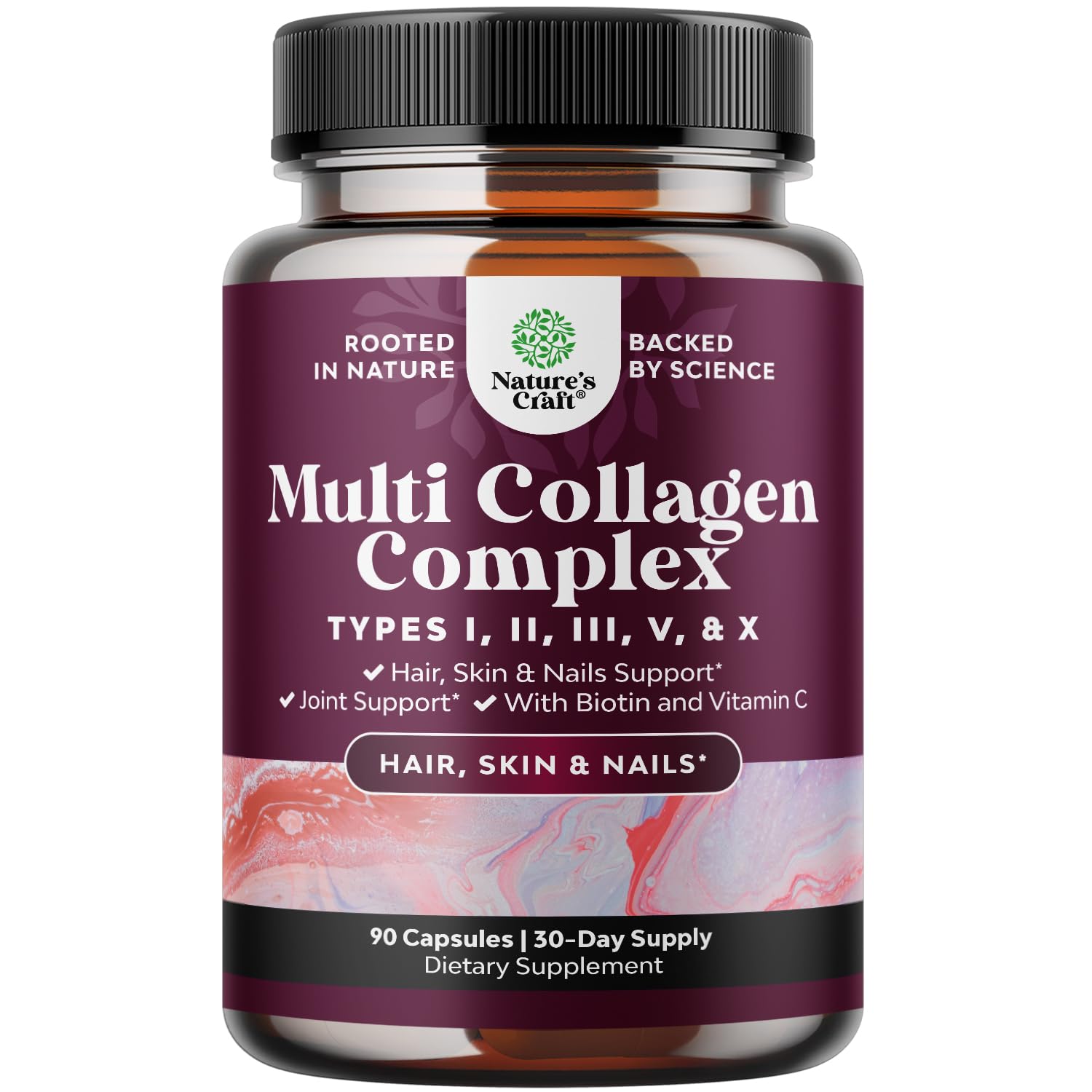 Natures Craft Advanced Multi Collagen en bouteille, soutien potentiel cheveux et peau.