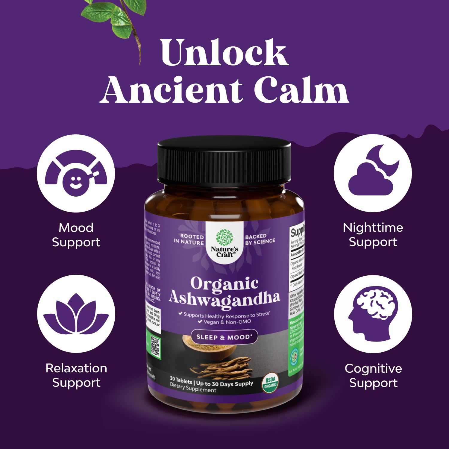 Nature's Craft Ashwagandha – Extrait racine bio avec poivre noir améliore l'absorption.