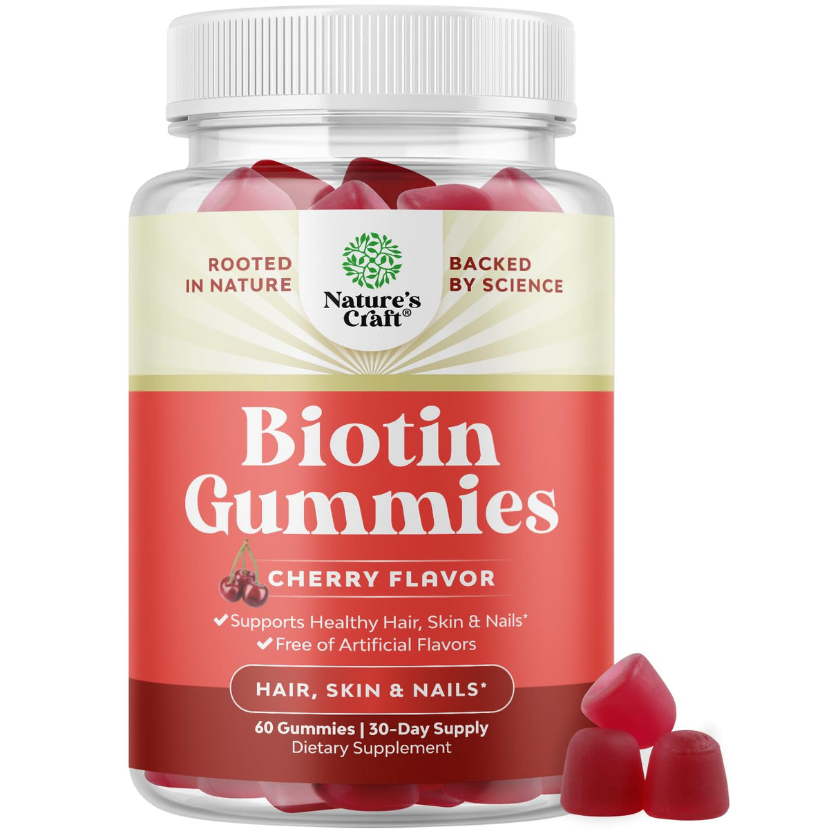 Natures Craft Biotine – bouteille de bonbons gélifiés pour cheveux sains.