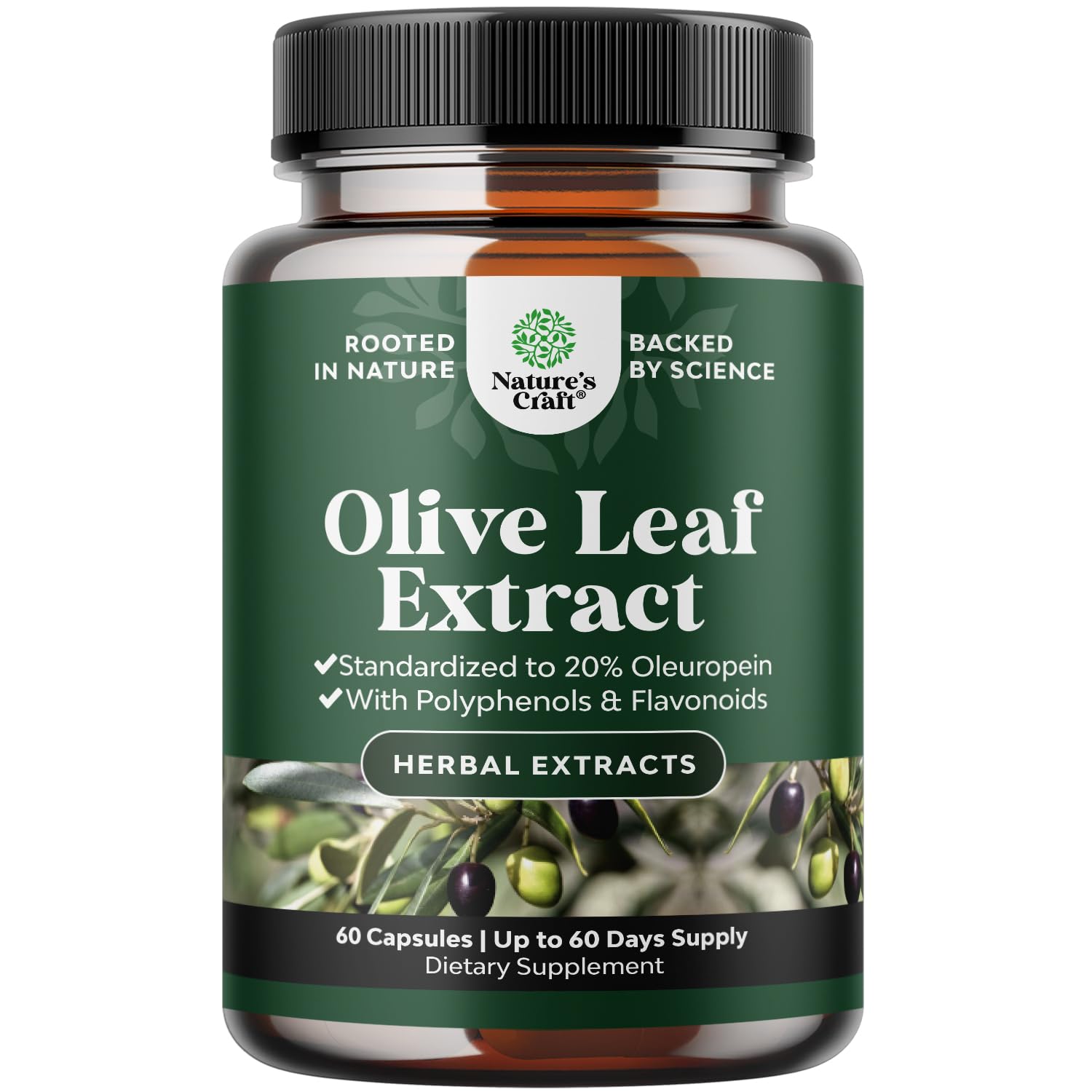 Bouteille Natures Craft de capsules d'extrait d'olivier pour soutenir la santé cardiovasculaire.