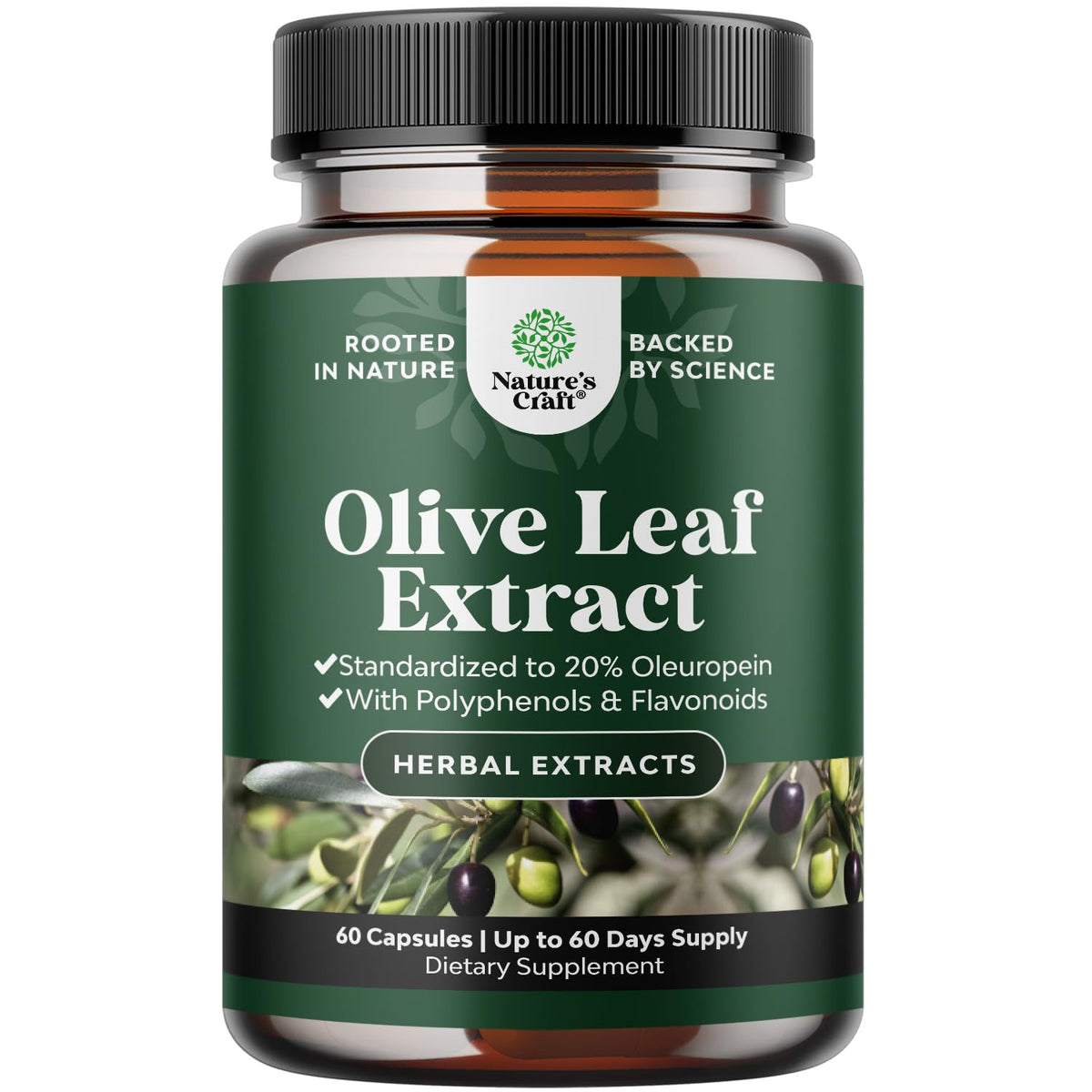 Bouteille Natures Craft de capsules d'extrait d'olivier pour soutenir la santé cardiovasculaire.
