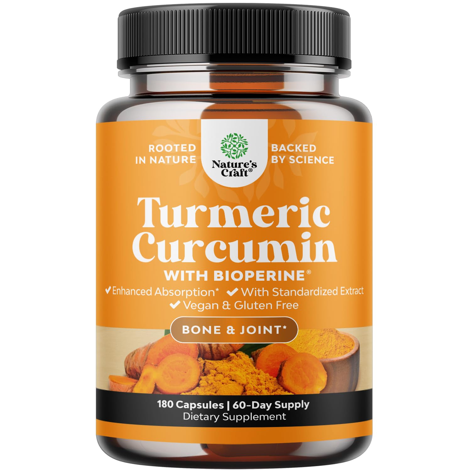Bouteille Natures Craft avec curcuma et curcuminoïdes 95% pour mobilité.