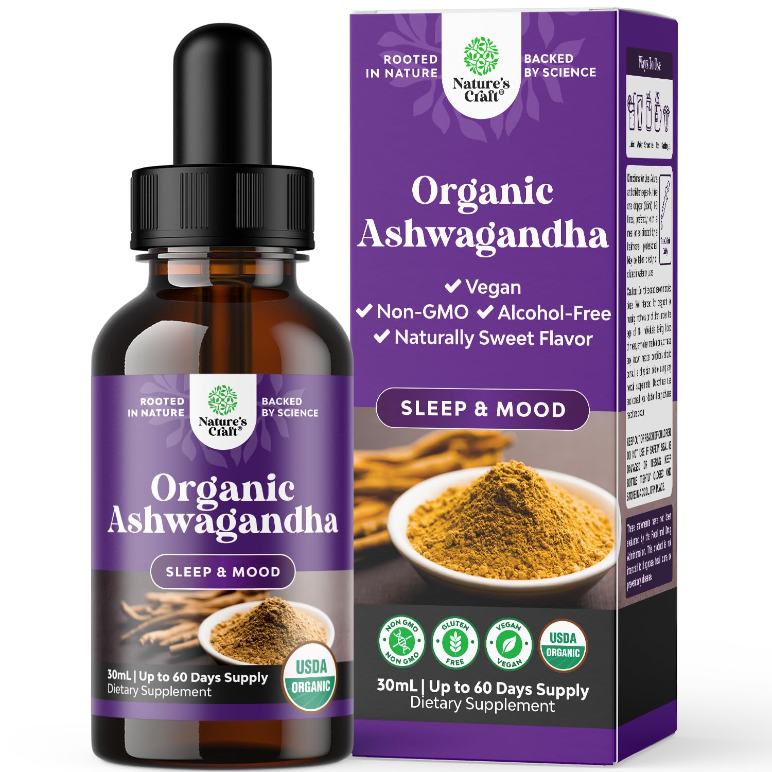 Flacon Natures Craft Ashwagandha bio avec pipette pour dosage précis